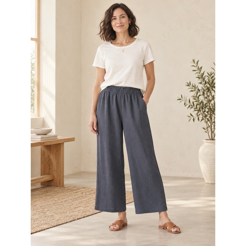 Pure Jill Wide Leg Crinkle Pants Women S Petite Gray Sand-Washed Tencel Modal